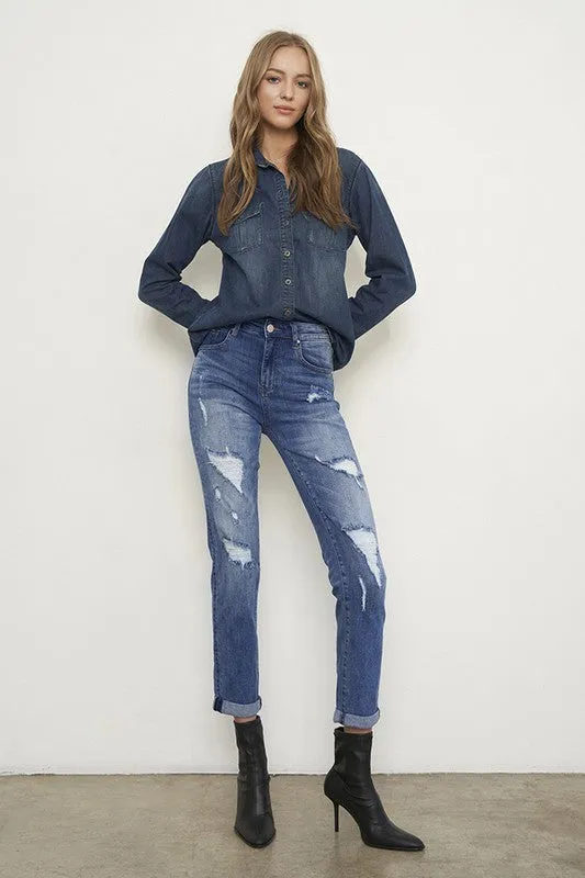 Distressed Front Girlfriend Jeans