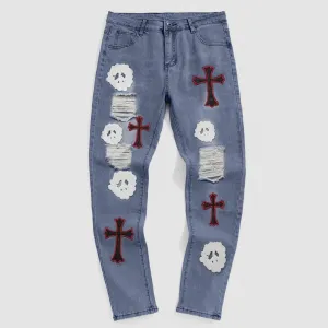 Embroidered Ripped Street Denim Jeans