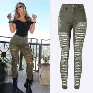 Fashion Army Green/Black/White Ripped Jeans Women Plus Size Distressed High Waist Jeans Ladies Skinny Jean Taille Haute