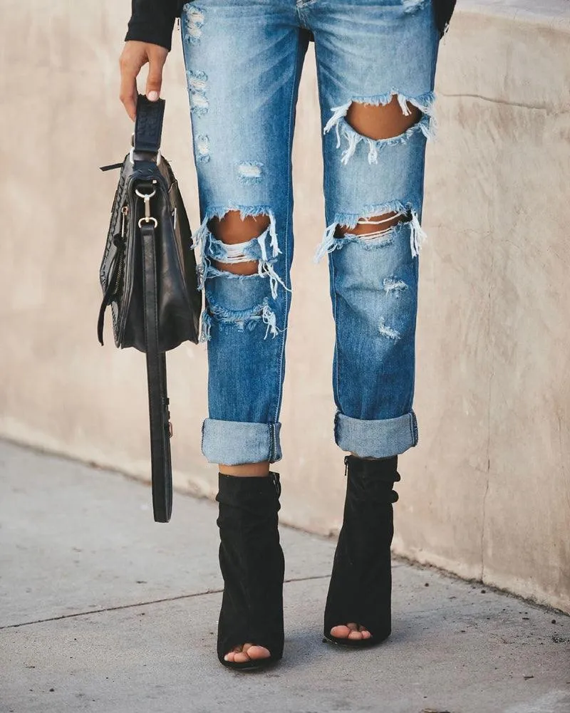 Fashion Mid Waist Big Ripped Hole Jeans