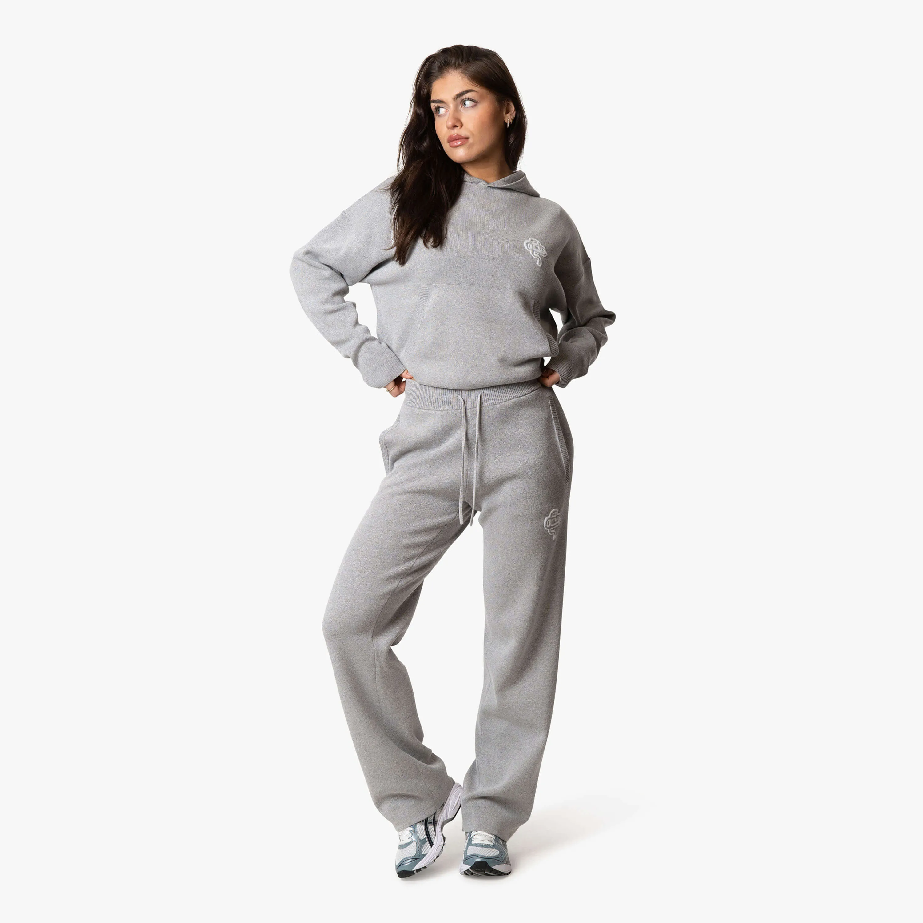 FLO KNITTED HOODIE | GREY MELEE/WHITE