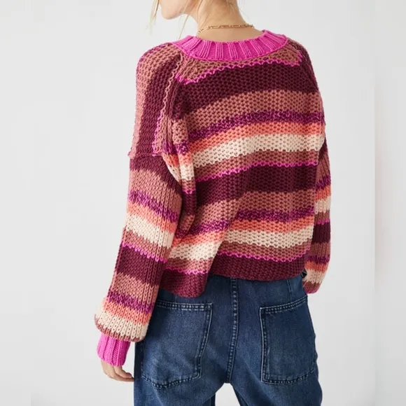 Free People Devon Open Knit Long Sleeve Chunky Oversized Sweater SMALL Fuchsia