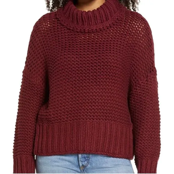Free People My Only Sunshine Cowl Neck Sweater Chunky Knit Maroon Size M