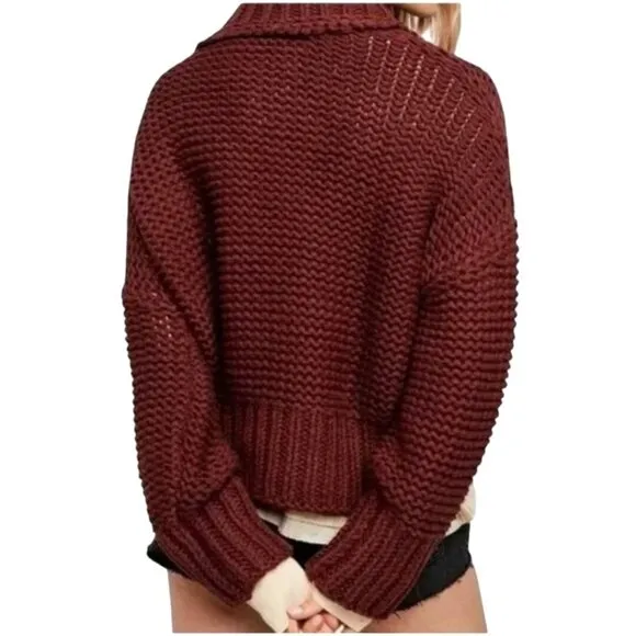 Free People My Only Sunshine Cowl Neck Sweater Chunky Knit Maroon Size M