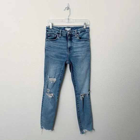 [Good American] High Rise Distressed Ripped Knee Skinny Jeans Raw Hem Size 6/28