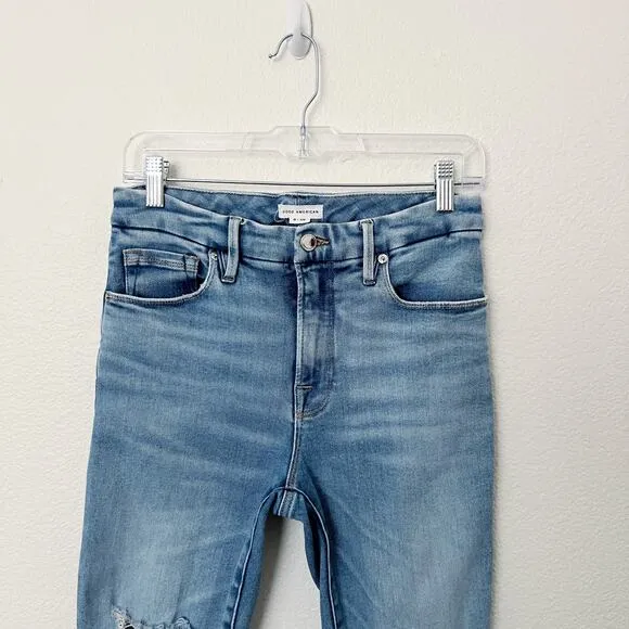 [Good American] High Rise Distressed Ripped Knee Skinny Jeans Raw Hem Size 6/28