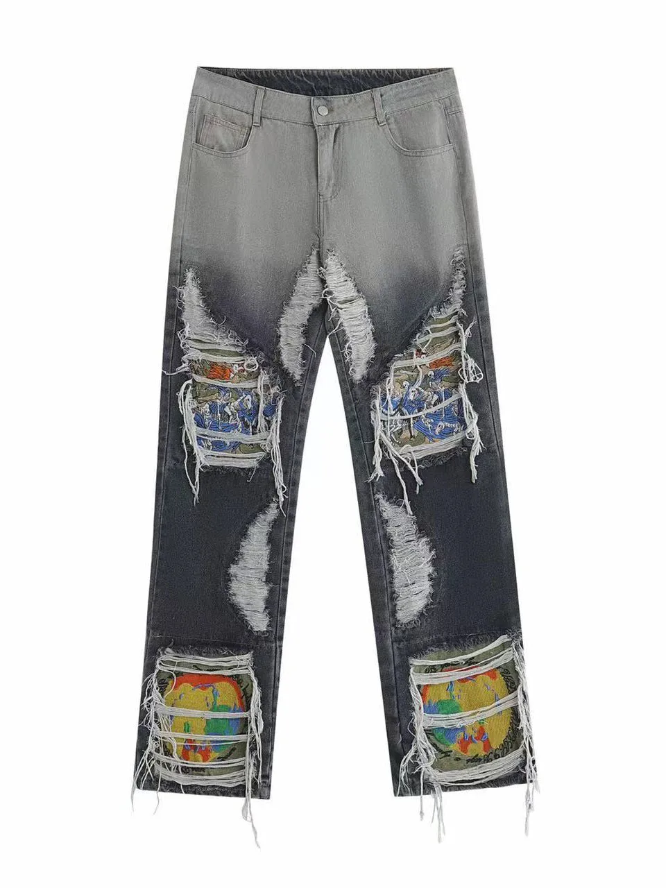 High Street Destroyed Wash Heavy Industry Embroidered Ripped Jeans