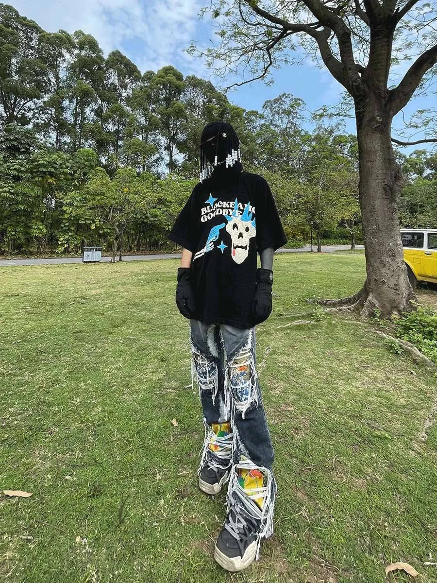 High Street Destroyed Wash Heavy Industry Embroidered Ripped Jeans