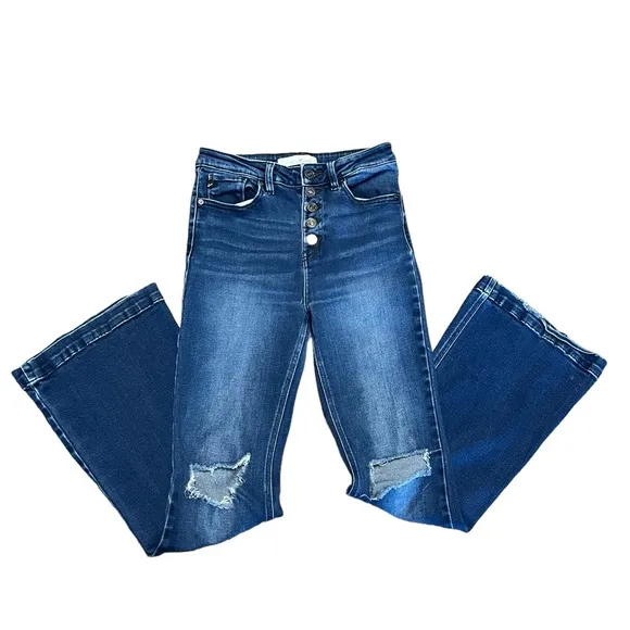 Kancan Dixie Ultra High Rise  destructed Flare Jeans dark wash petite si…