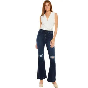 Kancan Dixie Ultra High Rise  destructed Flare Jeans dark wash petite si…