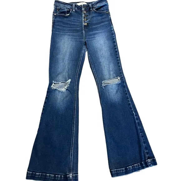 Kancan Dixie Ultra High Rise  destructed Flare Jeans dark wash petite si…