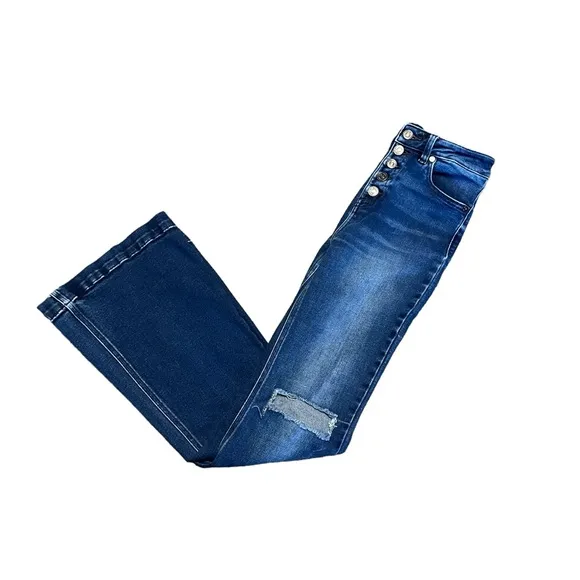 Kancan Dixie Ultra High Rise  destructed Flare Jeans dark wash petite si…