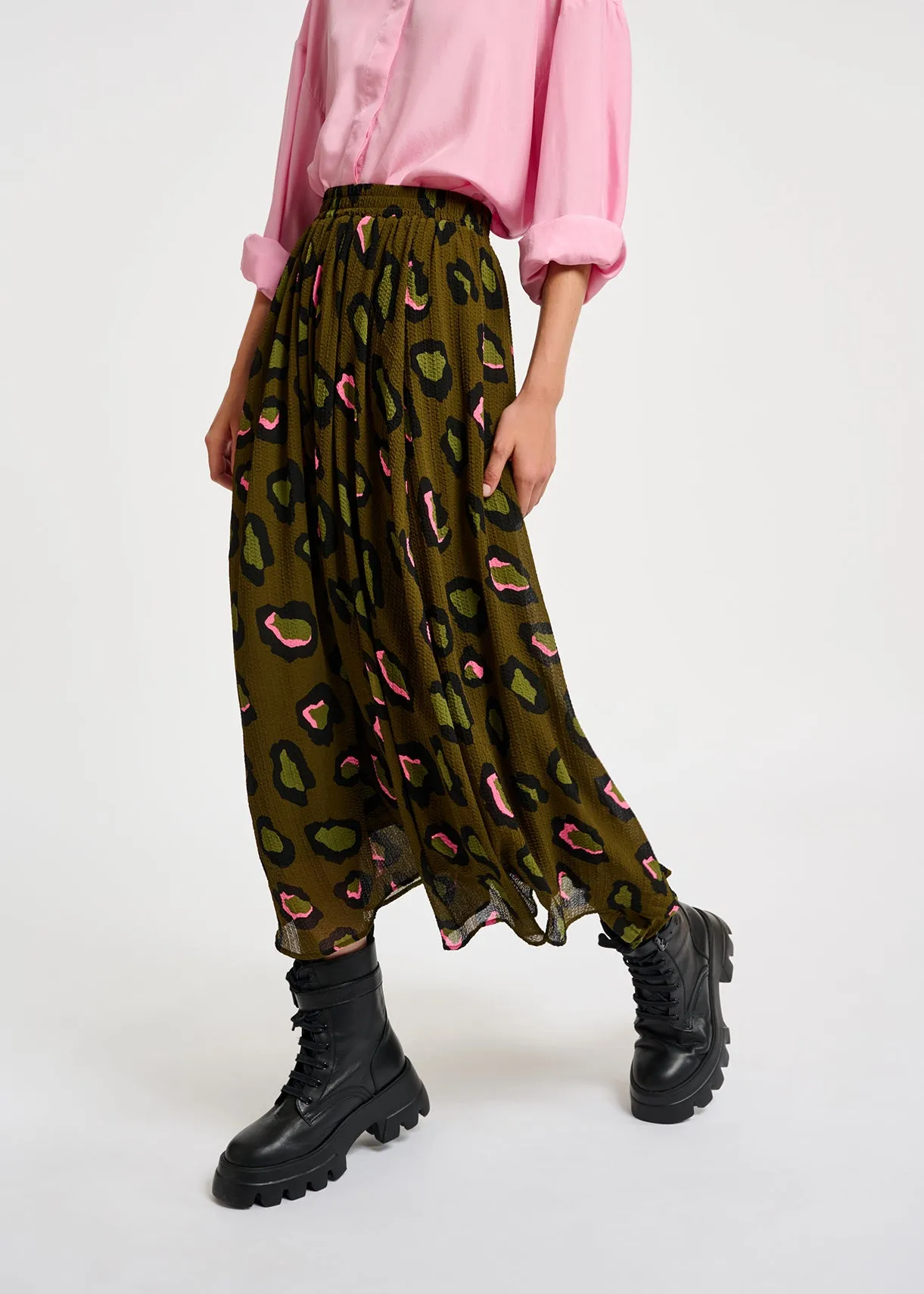 Khaki leopard-print midi skirt