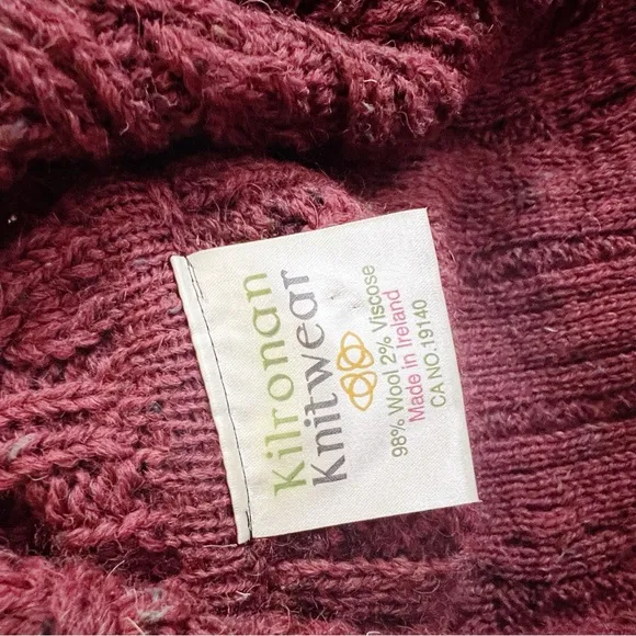 Kilronan Knitwear Ireland 100% Wool Cable Knit Cardigan Sweater Red long Large