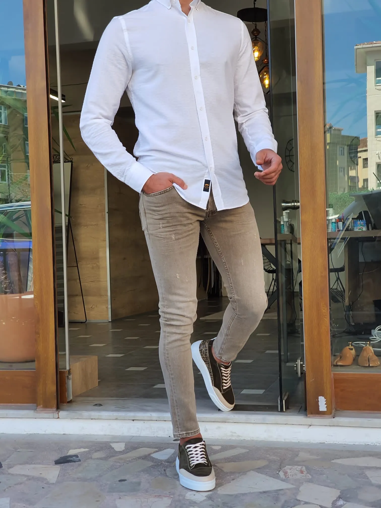 Klim Khaki Slim Fit Ripped Jeans - Stylish Versatility for Every Occasion