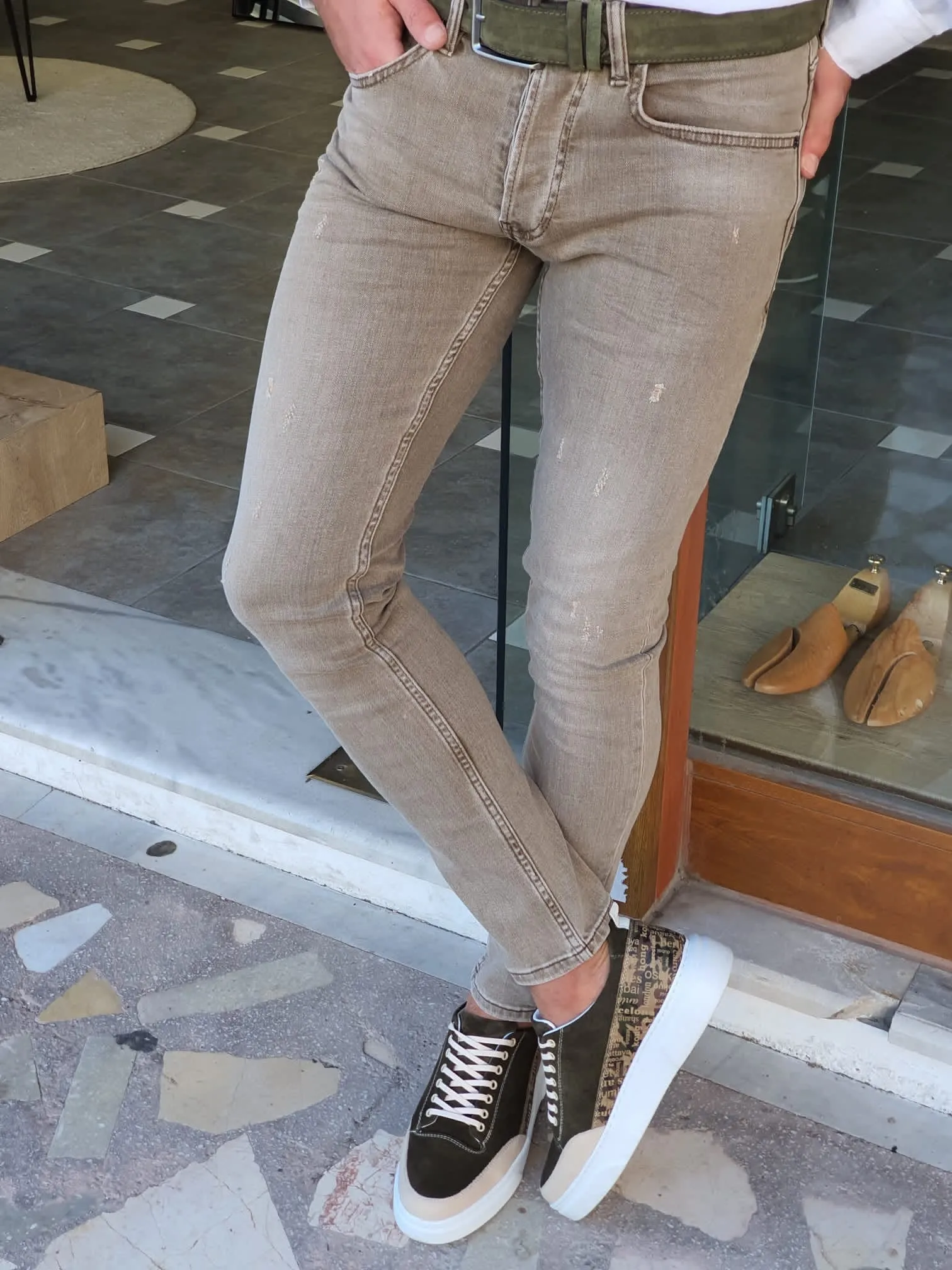 Klim Khaki Slim Fit Ripped Jeans - Stylish Versatility for Every Occasion