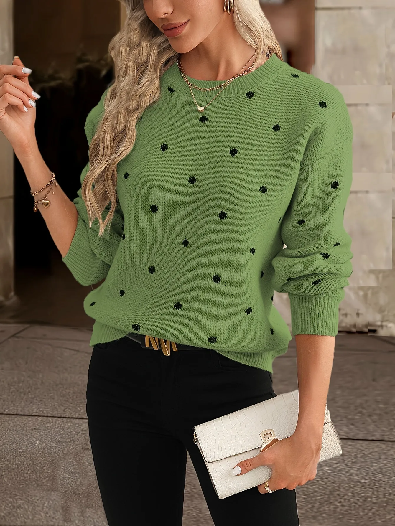 Knit Dotty™ | Women's Knitted Sweater | Crew Neck, Polka Dot Design, Long Sleeve Relaxed Fit