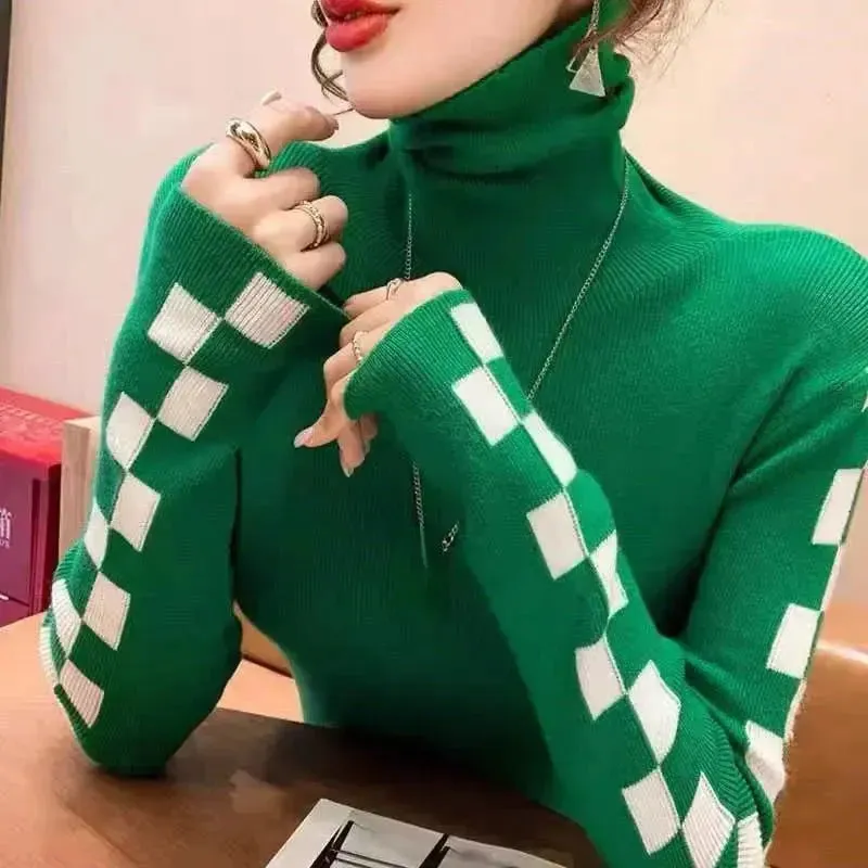 Knitted Checker Print Turtleneck