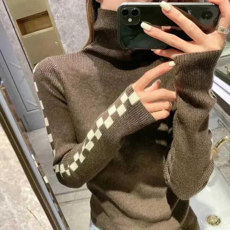 Knitted Checker Print Turtleneck
