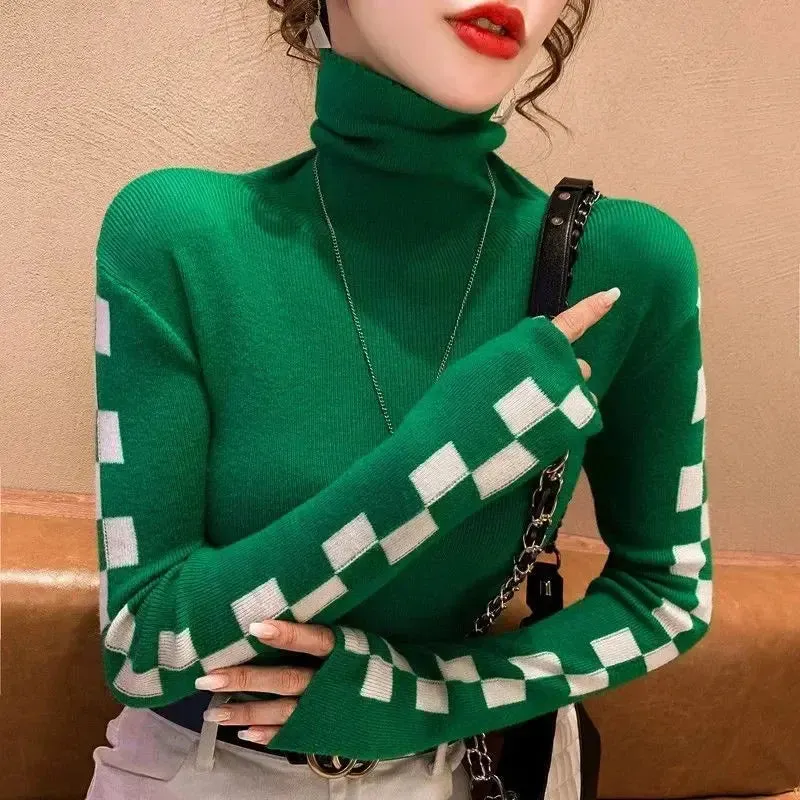 Knitted Checker Print Turtleneck