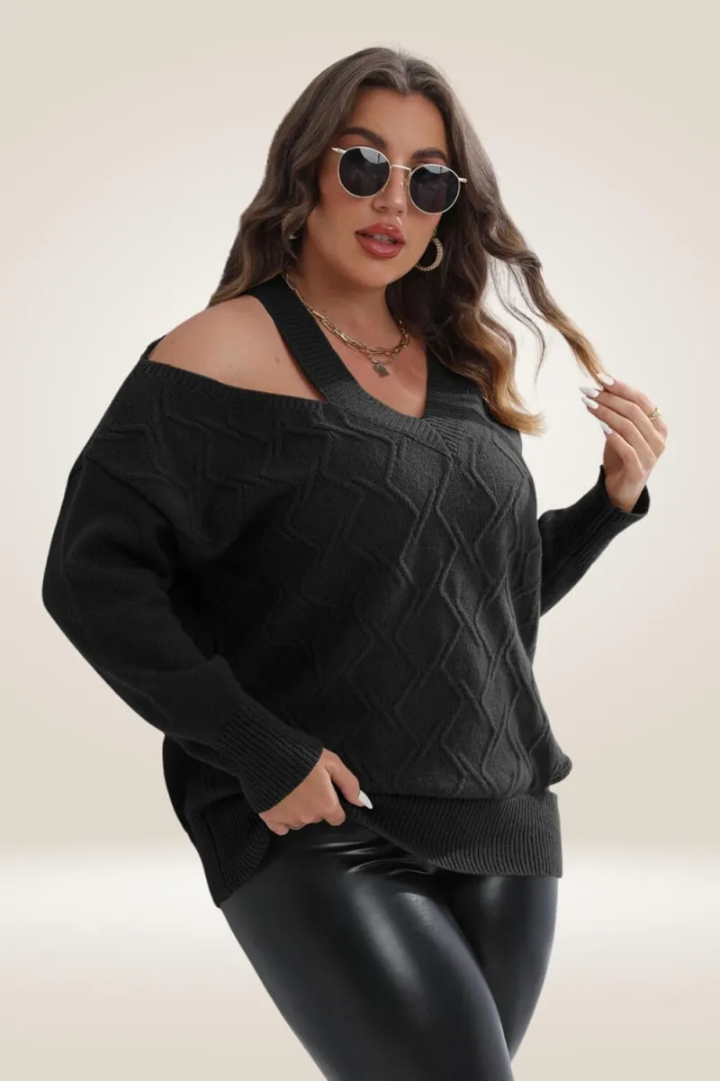 Knitted Off The Shoulder Black Plus Size Sweater