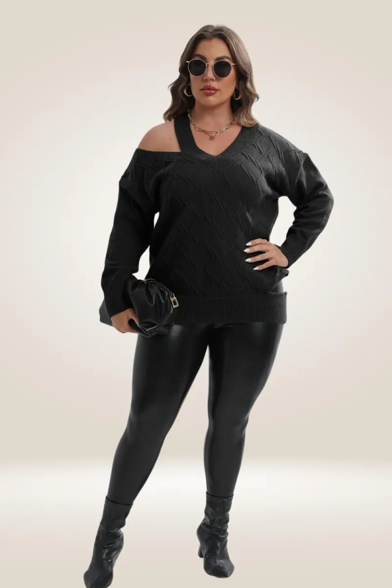 Knitted Off The Shoulder Black Plus Size Sweater