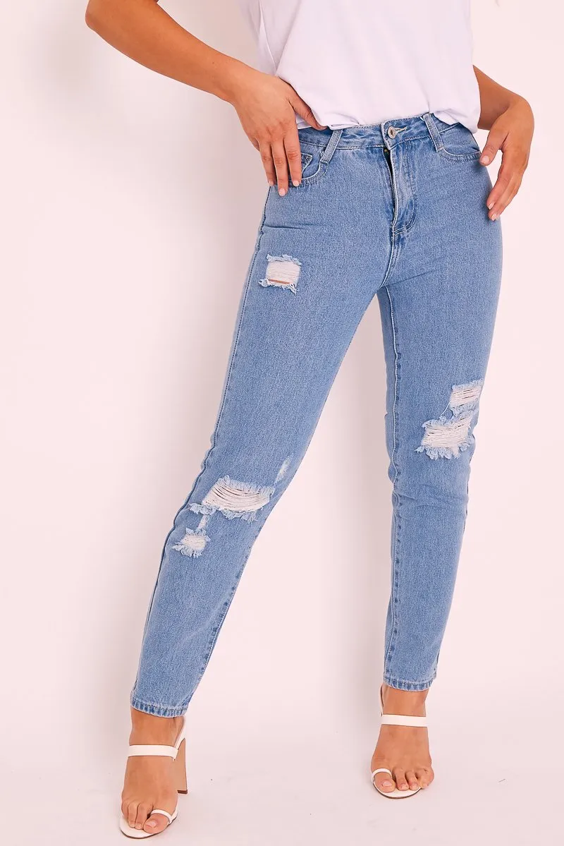 Light Blue Ripped Slim Fit Mom Jeans - Lola
