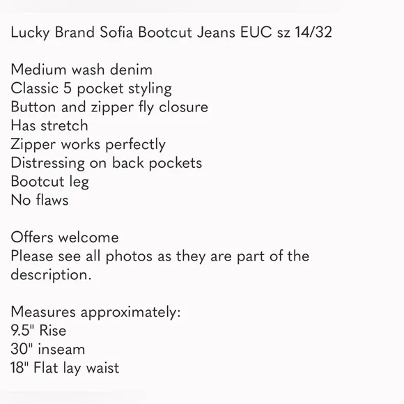 LUCKY Brand Sofia Medium Wash Bootcut Jeans EUC sz 14