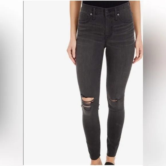 Madewell Women's‎ High Riser Ripped Skinny Jeans in Black Sea Raw Hem Size 27