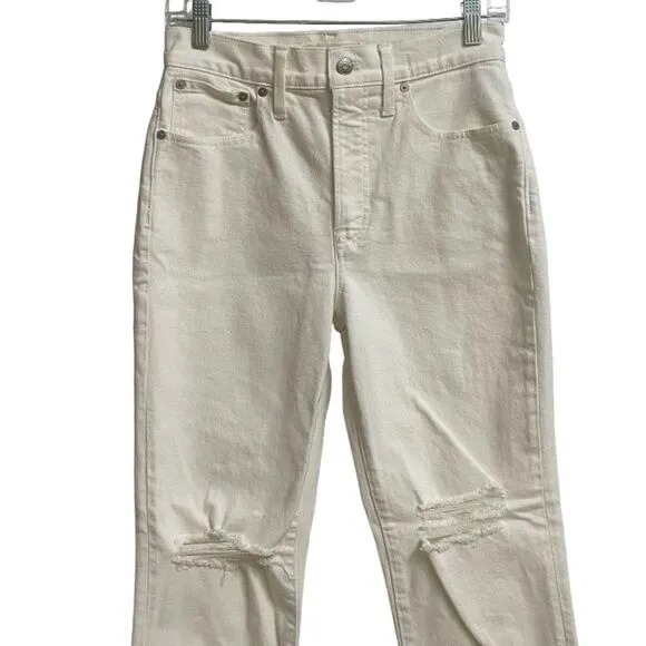 Madewell Women's The Perfect Vintage Crop Jeans Sz 26 Off-White Knee-Rip Edition