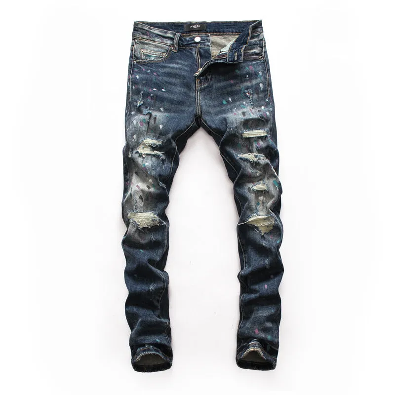 Men's Ripped Inkjet Personality Jeans.