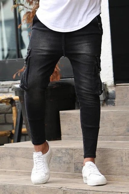 Men's Skinny Jeans Side Stripes Ripped Frayed Slim Fit Denim Pants Hip Hop Black Streetwear Rolled Edge Casual Jean Trousers Men