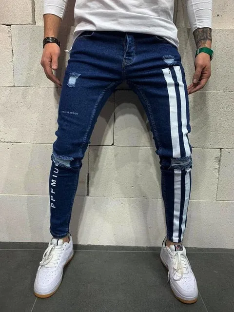 Men's Skinny Jeans Side Stripes Ripped Frayed Slim Fit Denim Pants Hip Hop Black Streetwear Rolled Edge Casual Jean Trousers Men