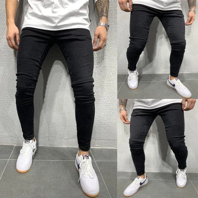 Men's Skinny Jeans Side Stripes Ripped Frayed Slim Fit Denim Pants Hip Hop Black Streetwear Rolled Edge Casual Jean Trousers Men