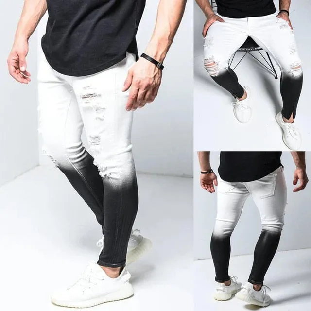 Men's Skinny Jeans Side Stripes Ripped Frayed Slim Fit Denim Pants Hip Hop Black Streetwear Rolled Edge Casual Jean Trousers Men