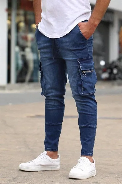 Men's Skinny Jeans Side Stripes Ripped Frayed Slim Fit Denim Pants Hip Hop Black Streetwear Rolled Edge Casual Jean Trousers Men