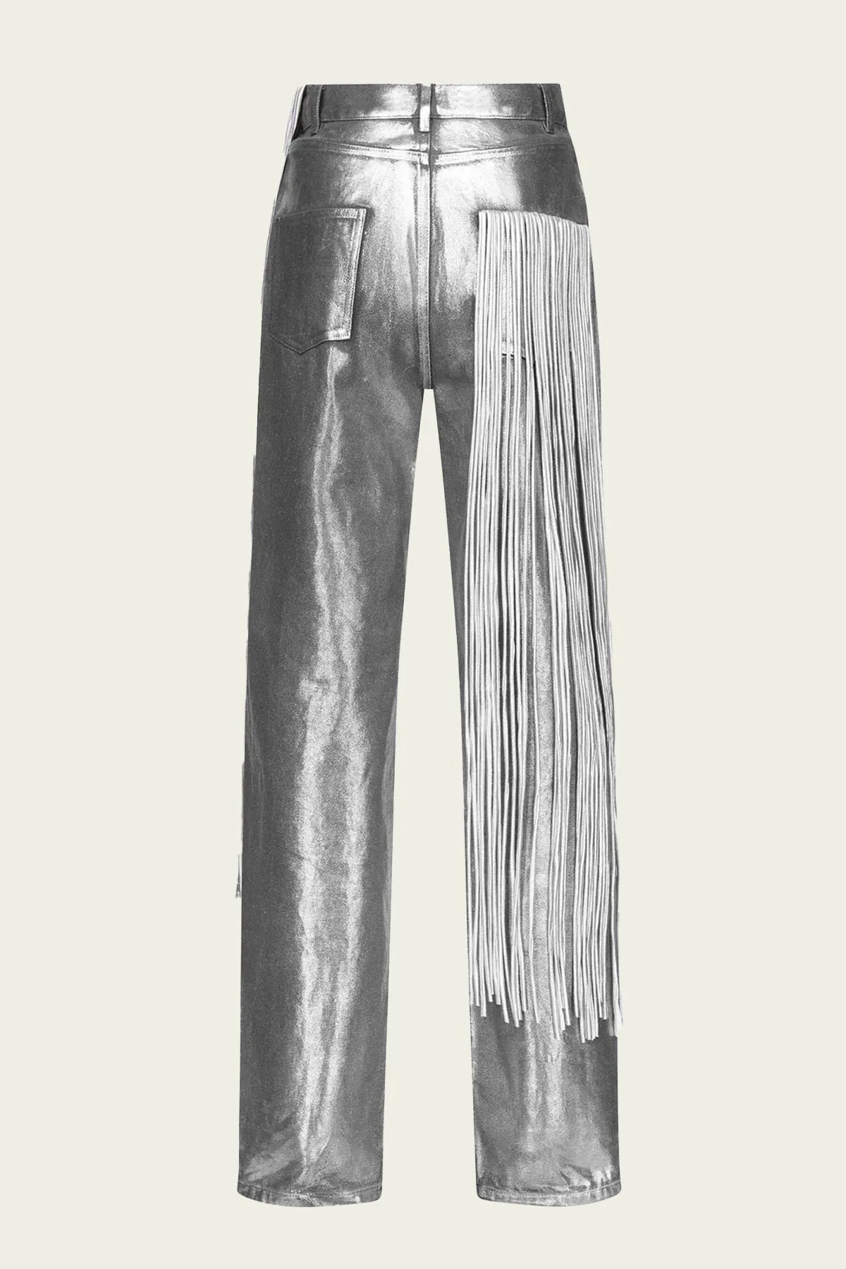 Metallic Fringe Straight Leg Jean in Silver