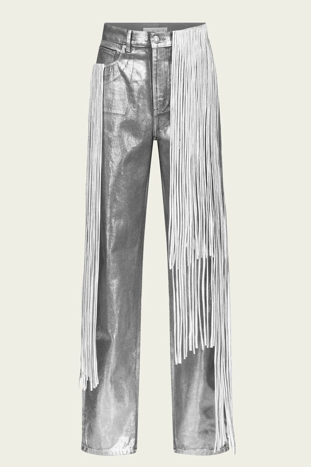 Metallic Fringe Straight Leg Jean in Silver