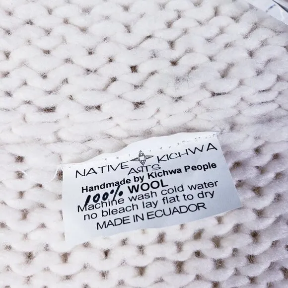 Native Kichwa Arts Fringe Hooded Sweater Full Zip Cream Gray Pockets Size Large