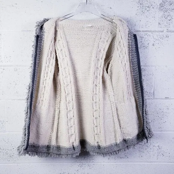 Native Kichwa Arts Fringe Hooded Sweater Full Zip Cream Gray Pockets Size Large