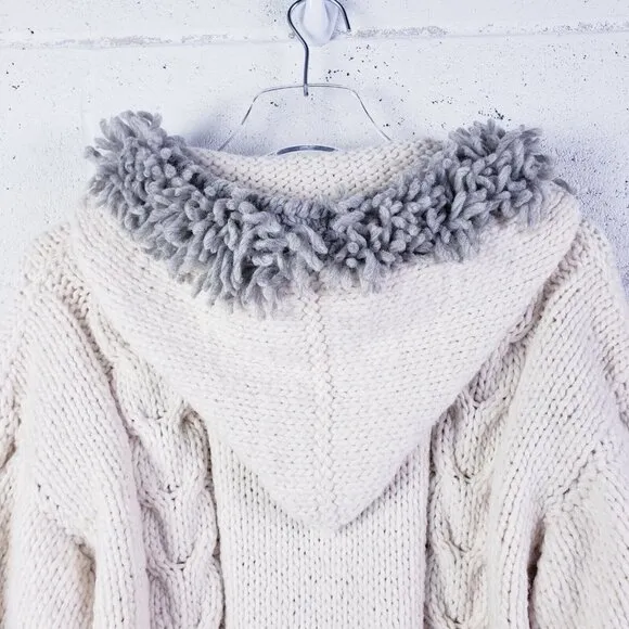 Native Kichwa Arts Fringe Hooded Sweater Full Zip Cream Gray Pockets Size Large