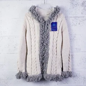 Native Kichwa Arts Fringe Hooded Sweater Full Zip Cream Gray Pockets Size Large
