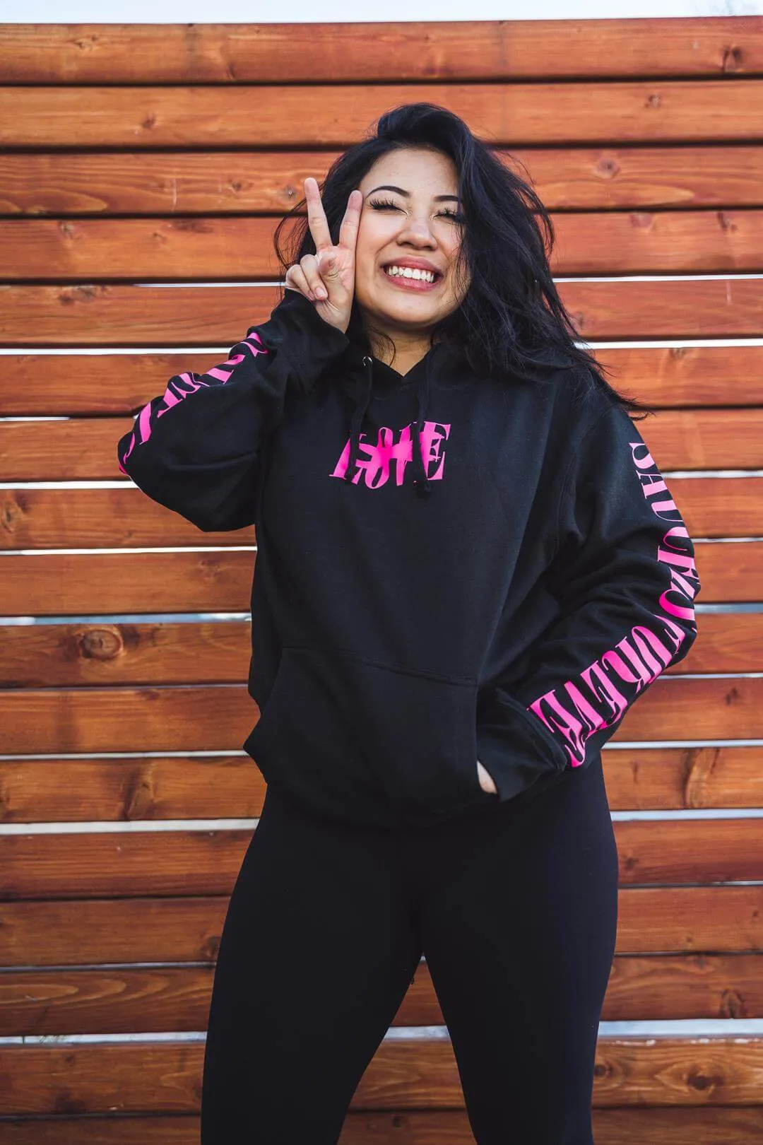 Neon Pink LOVE | Black Hoodie (Neon Pink Sauce Is Forever Sleeves)