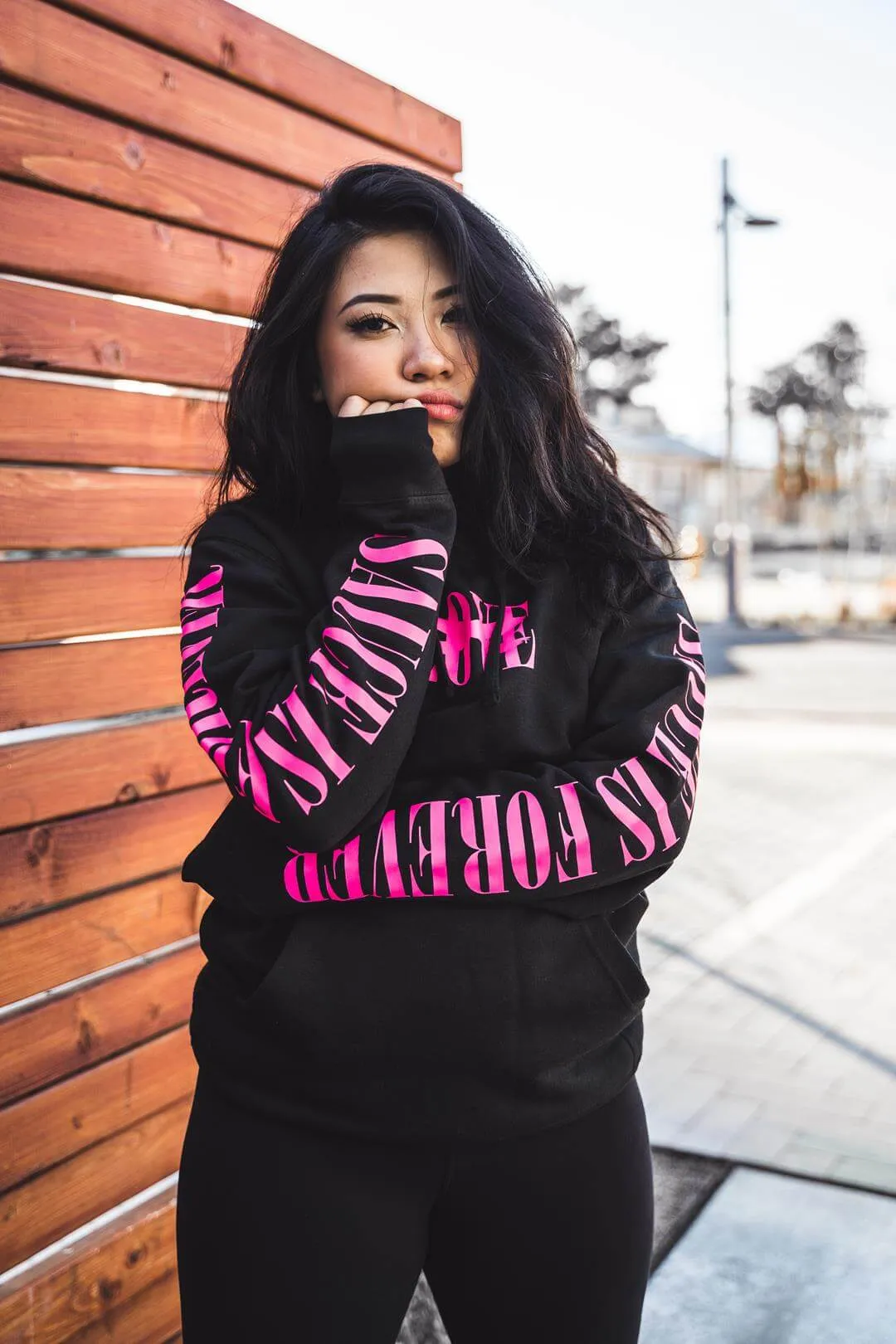 Neon Pink LOVE | Black Hoodie (Neon Pink Sauce Is Forever Sleeves)