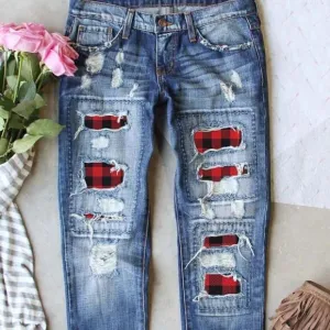 NEW! Popular Broken Ripped Patched Buffalo Plaid Distressed Blue Jeans Denim