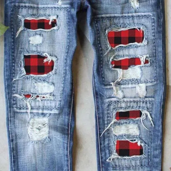 NEW! Popular Broken Ripped Patched Buffalo Plaid Distressed Blue Jeans Denim