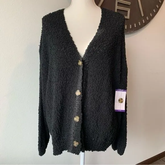 NWT Sanctuary Popcorn Cardi Chunky Knit Cozy Black Button Up Cardigan