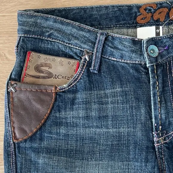NWT Vintage Blue Cult Sacred Blue Leather Trim Jeans, Size 29; 34&quot; Inseam.
