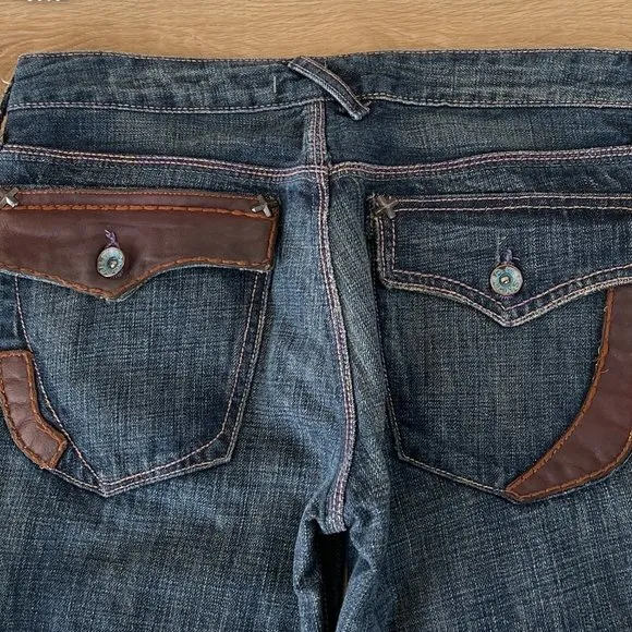 NWT Vintage Blue Cult Sacred Blue Leather Trim Jeans, Size 29; 34&quot; Inseam.