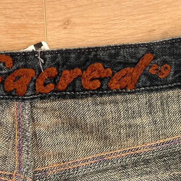 NWT Vintage Blue Cult Sacred Blue Leather Trim Jeans, Size 29; 34&quot; Inseam.